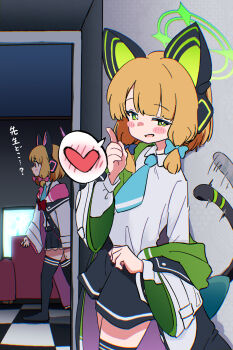 2girls afterimage animal_ear_headphones animal_ears arona_(blue_archive) black_shorts black_skirt black_tail black_thighhighs blonde_hair blue_archive blue_bow blue_necktie blush_stickers bow bright_pupils cat_ear_headphones cat_ears cat_tail checkered_floor chromatic_aberration collared_shirt commentary_request couch fake_animal_ears fake_tail green_eyes green_halo green_jacket h14_drawing hair_bow halo hand_up headphones heart highres hood hooded_jacket index_finger_raised jacket jacket_partially_removed layered_sleeves long_sleeves looking_at_viewer low-tied_sidelocks midori_(blue_archive) momoi_(blue_archive) motion_lines multicolored_jacket multiple_girls necktie no_shoes open_clothes open_jacket open_mouth pink_bow pink_eyes pink_halo pink_jacket profile shirt short_hair shorts siblings sidelocks sisters skirt smile smirk speech_bubble spoken_blush spoken_heart standing suspender_skirt suspenders tail tail_bow tail_ornament tail_raised tail_wagging television thighhighs translation_request twins uneven_eyes walking white_jacket white_pupils white_shirt wide_sleeves