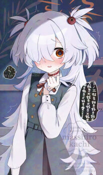 1girl artist_name belt black_dress blue_archive blush brown_eyes brown_ribbon buttons collared_shirt commentary_request confession dress flustered grey_hair hair_ornament hair_over_one_eye halo highres holding holding_own_hair kanoe_(blue_archive) long_hair looking_at_viewer masshirokachi messy_hair neck_ribbon open_mouth orange_halo ribbon shirt sidelocks solo sweat translated twitter_username two_side_up white_shirt