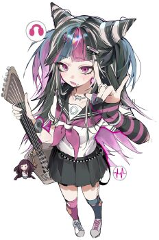 1girl ahha3_good asymmetrical_legwear black_hair black_nails black_skirt blue_streaks blush commentary danganronpa_(series) danganronpa_2:_goodbye_despair ear_piercing eyelashes face_piercing fox_shadow_puppet from_above gloves guitar hair_horns highres holding holding_guitar holding_instrument instrument jewelry lip_piercing long_hair looking_at_viewer mioda_ibuki mismatched_legwear mouth_piercing multicolored_hair nail_polish neckerchief necklace open_mouth piercing pink_eyes pink_neckerchief pink_streaks pleated_skirt sailor_collar scene_fashion school_uniform serafuku shirt short_sleeves skirt solo standing striped_clothes striped_gloves thighhighs torn_clothes torn_thighhighs triple_side_labret_piercing white_background white_streaks