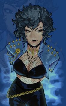 Rule 34 | 1girl, absolute dc, arms behind back, belt, black bra, bra, breasts, chain belt, cielink peach, cleavage, cropped jacket, curly hair, dc comics, eyebrow piercing, face piercing, fishnet top, fishnets, high-waist pants, highres, large breasts, leaning forward, looking at viewer, loose belt, pants, piercing, short hair, shoulder spikes, smirk, solo, spikes, underwear, zatanna zatara, zatanna zatara (absolute dc)