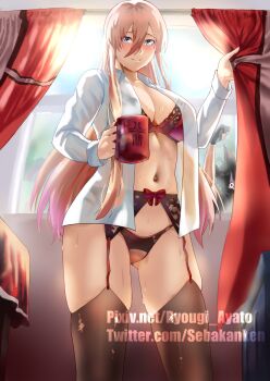 2girls akagi_(azur_lane) azur_lane backlighting bismarck_(azur_lane) black_thighhighs blonde_hair blue_eyes bra breasts commentary_request cup garter_straps hair_between_eyes iron_blood_(emblem) large_breasts lingerie long_hair long_hair_between_eyes multiple_girls navel open_clothes open_shirt panties sebakanken shirt smile thighhighs underwear window