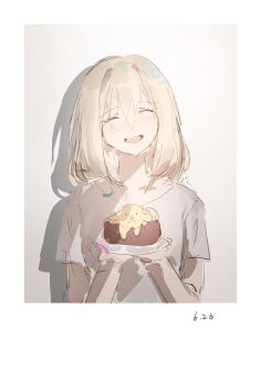 1girl absurdres bang_dream! bang_dream!_it&#039;s_mygo!!!!! blonde_hair blush cake chinese_commentary closed_eyes commentary_request dated food highres lu_bian_de_yecao_zai_changge medium_hair misumi_uika open_mouth shadow shirt short_sleeves smile solo white_shirt