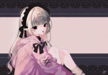 Rule 34 | 1girl, 2000s (style), :p, adapted costume, belt collar, black border, black headdress, black ribbon, black shirt, blonde hair, blunt bangs, border, collar, colored inner hair, cowboy shot, cross-laced clothes, expressionless, faux retro artstyle, frilled headwear, frilled hoodie, frills, hashtag-only commentary, head tilt, high collar, hood, hood down, hoodie, lace, lace border, long hair, long sleeves, looking at viewer, loose socks, maid headdress, makaino ririmu, makaino ririmu (5th costume), multicolored hair, nijisanji, ornate border, pink hair, pink hoodie, pink streaks, pointy ears, red collar, red eyes, ribbon, shirt, sidelocks, signature, sitting, socks, solo, tongue, tongue out, two-tone background, uzumi hi, virtual youtuber, white socks