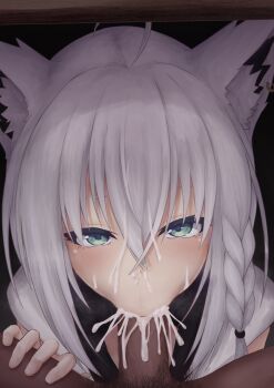 1boy 1girl :&gt;= absurdres ahoge animal_ear_fluff animal_ears braid censored commentary_request crossed_bangs cum cum_bubble cum_in_mouth cum_in_nose cum_on_body cum_on_hair facial fellatio fox_ears fox_girl green_eyes hair_between_eyes hetero highres hololive long_hair looking_at_viewer male_pubic_hair mosaic_censoring oral penis pov pov_crotch pubic_hair shirakami_fubuki single_braid solo_focus tanu_(ace_ikachan) virtual_youtuber wispy_bangs