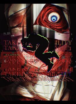 1boy 1other absurdres bandaged_head bandaged_neck bandages blue_eyes chromatic_aberration curled_up curly_(mouthwashing) distortion english_text glitch_art hands_on_own_head highres jimmy_(mouthwashing) katsumira letterboxed looking_at_another mouthwashing silhouette size_difference skinned veins