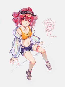 1girl absurdres ahoge alternate_costume bikini blush breasts character_name chibi chibi_inset closed_mouth collarbone commentary_request grey_background highleg highleg_bikini highres jacket kasane_teto looking_at_viewer navel qiukui red_eyes red_hair red_nails sandals see-through_clothes see-through_jacket short_shorts shorts signature simple_background sitting small_breasts solo swimsuit thigh_strap toes utau visor_cap