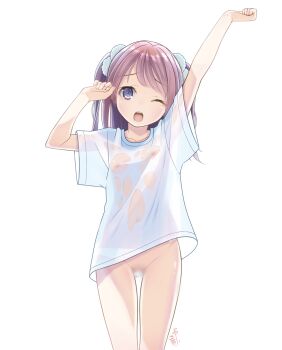 1girl absurdres blush bottomless brown_hair censored collarbone flat_chest grey_eyes hair_ornament highres loli long_hair navel nipples no_panties one_eye_closed open_mouth original oversized_clothes oversized_shirt pom_pom_(clothes) pom_pom_hair_ornament pop pop_(electromagneticwave) pussy see-through_clothes see-through_shirt shirt short_sleeves standing stretching tears teeth twintails wet wet_clothes wet_shirt white_background white_shirt yawning