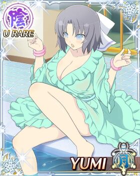 1girl :o aqua_dress arms_up barefoot blue_eyes border bow bracelet breasts card_(medium) character_name cleavage dress game_cg grey_hair hair_bow jewelry large_breasts looking_down medium_hair official_art pool poolside senran_kagura senran_kagura_new_wave soaking_feet solo striped_bow third-party_source wading white_bow yumi_(senran_kagura)