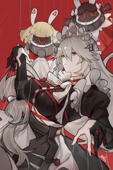 1girl absurdres alexandrina_sebastiane apron black_gloves blonde_hair breasts chinese_commentary commentary_request cowboy_shot doll from_side gloves hair_between_eyes hands_up highres large_breasts long_hair looking_at_viewer maid maid_headdress parted_lips partially_fingerless_gloves puppet_strings red_background red_eyes sidelocks smile solo very_long_hair waist_apron white_hair yisjhui zenless_zone_zero