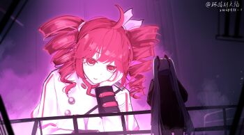 2girls absurdres against_railing ahoge baichu_(83216) black_jacket black_ribbon blade_runner_(series) blade_runner_2049 blue_hair commentary dated drill_hair giant giantess hair_ribbon hand_on_own_face hatsune_miku head_rest highres jacket kasane_teto kasane_teto_(sv) leaning_forward long_hair long_sleeves looking_at_another medium_hair meme multiple_girls parted_lips railing red_eyes red_hair ribbon scene_reference size_difference smoke synthesizer_v twin_drills twintails very_long_hair vocaloid white_jacket white_ribbon you_look_lonely_(meme)