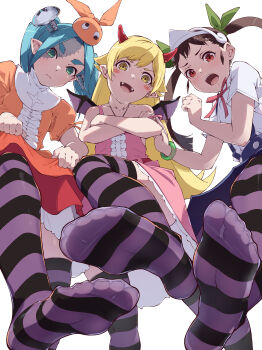 3girls :d absurdres aqua_hair bakemonogatari bare_arms bare_shoulders black_socks black_thighhighs blonde_hair blue_skirt blunt_ends blush_stickers bolt_(hardware) bow bracelet brown_hair center_frills clenched_hand closed_mouth clothes_lift collar collarbone colored_skin commentary commentary_request cosplay crossed_arms demon_horns demon_wings detached_hair dress dress_lift english_commentary fangs feet flipped_hair foot_focus foot_out_of_frame frankenstein's_monster frankenstein's_monster_(cosplay) frilled_dress frills from_below ghost_costume googly_eyes gradient_clothes gradient_dress green_eyes green_ribbon grey_skin grin hachikuji_mayoi hair_flaps hair_ribbon hairband halloween halloween_costume hand_on_another's_arm hat hat_bow hatanana_(ag6uptphhal3frd) highres horizontal-striped_thighhighs horns jewelry light_frown long_hair looking_at_viewer looking_down medium_hair mixed-language_commentary monogatari_(series) multicolored_dress multicolored_skin multiple_girls necklace object_through_head off_shoulder ononoki_yotsugi open_mouth orange_bow orange_dress orange_hat orange_ribbon oshino_shinobu petticoat pink_dress pointy_ears puffy_short_sleeves puffy_sleeves purple_socks purple_thighhighs red_dress red_eyes red_horns red_ribbon ribbon school_uniform screw_in_head shirt short_sleeves sidelocks simple_background sitting skirt sleeveless sleeveless_dress smile socks soles stitched_face stitches suspender_skirt suspenders teeth thighhighs toes tongue triangular_headpiece twintails two-tone_skin two-tone_socks two-tone_thighhighs upper_teeth_only v-shaped_eyebrows vampire white_background white_collar white_hairband white_shirt wings yellow_eyes zettai_ryouiki