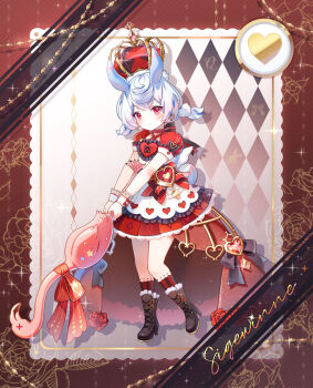 1girl alternate_costume animal_ears bird black_boots black_bow blue_hair blush boots bow character_name closed_mouth commentary crown dress flamingo full_body genshin_impact hair_ornament high_heel_boots high_heels highres holding karen_(navy_42) looking_at_viewer melusine_(genshin_impact) pom_pom_(clothes) pom_pom_hair_ornament puffy_short_sleeves puffy_sleeves red_dress red_eyes short_sleeves sigewinne_(genshin_impact) solo symbol-only_commentary white_wrist_cuffs wrist_cuffs