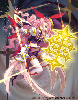 1girl black_shoes blue_eyes closed_mouth copyright_notice hat long_bangs long_hair looking_at_viewer nekobayashi official_art pink_hair purple_hat purple_shirt purple_shorts servant_o2_(wixoss) shirt shoes shorts smile solo thighhighs very_long_hair white_thighhighs wixoss