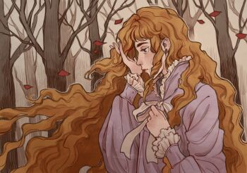 1boy bare_tree bishounen blonde_hair blue_eyes bow bowtie caramelwitch commentary derivative_work earrings english_commentary expressionless falling_petals floating_hair flower_earrings forest frilled_shirt_collar frilled_sleeves frills from_side grey_outline grey_shirt half-closed_eyes hand_in_own_hair hand_on_own_chest hands_up hatching_(texture) jewelry light_blush linear_hatching long_hair long_sleeves looking_down looking_to_the_side male_focus maraich_juschenfe mismatched_eyebrows nature outdoors outline patalliro! petals profile puffy_long_sleeves puffy_sleeves screenshot_redraw shirt solo swept_bangs tree upper_body very_long_hair wavy_hair white_bow white_bowtie wind