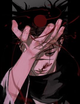1boy black_eyes black_hair blood blood_on_face choso_(jujutsu_kaisen) closed_mouth commentary_request facial_mark fingernails highres jujutsu_kaisen lips male_focus maru_shikak short_hair short_twintails solo twintails