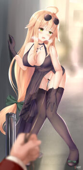 1girl ahoge alternate_costume aviator_sunglasses bar_censor black_dress black_footwear black_gloves black_thighhighs blonde_hair blurry blurry_background blush breasts breath censored cleavage dress eyewear_on_head girls&#039;_frontline gloves green_eyes groin halter_dress halterneck hand_on_own_thigh hand_on_wall high_heels holding holding_string jewelry knees_together_feet_apart large_breasts leaning_forward long_hair looking_away m1918_(girls&#039;_frontline) napalmbit necklace night no_bra no_panties open_mouth outdoors pov pov_hands sex_toy sidelocks sleeveless sleeveless_dress solo_focus string sunglasses sweat thighhighs thighs very_long_hair vibrator