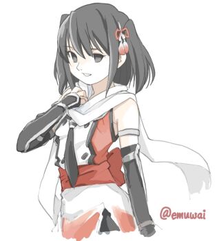 Rule 34 | 1girl, black gloves, black hair, black neckerchief, brown eyes, buttons, double-breasted, emuwai, gauntlets, gloves, hair ornament, hashtag-only commentary, kantai collection, neckerchief, one-hour drawing challenge, orange shirt, scarf, sendai (kancolle), sendai kai ni (kancolle), shirt, short hair, simple background, sleeveless, sleeveless shirt, solo, twitter username, two side up, upper body, white background, white scarf