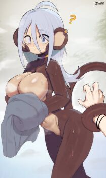 1girl 1other ? absurdres after_bathing animal_ears artist_name blue_eyes breasts colored_skin convenient_censoring ear_piercing geistbox highres jewelry large_breasts luna_(geistbox) monkey_ears monkey_girl monkey_tail neck_ring nude original piercing steaming_body sweat tail tail_around_another's_hand towel white_background