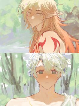 1108feiriku 2boys absurdres antenna_hair arm_tattoo blonde_hair blue_eyes blush braid chest_tattoo earrings facial_tattoo gold_earrings gradient_hair hashtag-only_commentary highres honkai:_star_rail honkai_(series) jewelry long_hair male_focus multicolored_hair multiple_boys mydei_(honkai:_star_rail) neck_tattoo parted_bangs phainon_(honkai:_star_rail) pointy_ears red_hair red_tattoo short_hair side_braid sun_symbol sun_tattoo tan tattoo wet wet_hair white_hair yaoi yellow_eyes