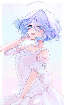 1girl absurdres ahoge bare_shoulders blue_eyes blue_hair blush bow breasts detached_sleeves dress frilled_dress frills furina_(genshin_impact) genshin_impact hair_between_eyes hand_in_own_hair heterochromia highres looking_at_viewer multicolored_hair netarou_(netarou_25) open_mouth pink_dress ribbon short_hair simple_background sleeveless sleeveless_dress small_breasts smile solo streaked_hair white_hair