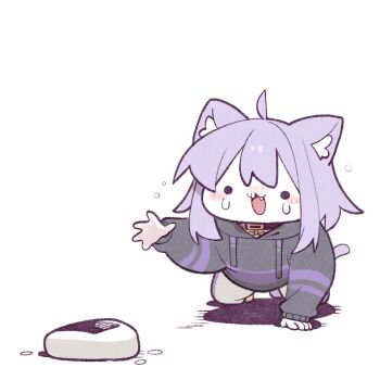 1girl :3 ahoge animal_ear_fluff animal_ears black_hoodie blush cat_ears cat_girl cat_tail chibi cocomayo29_(tomato) collar commentary crying food full_body hair_between_eyes hololive hood hoodie long_sleeves looking_at_viewer nekomata_okayu nekomata_okayu_(1st_costume) onigiri open_mouth purple_eyes purple_hair purple_tail reaching reaching_towards_viewer shadow shoes short_hair simple_background snot solo sweat tail virtual_youtuber white_background yellow_shoes