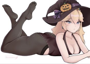 1girl artist_name ass blonde_hair blue_eyes breast_press breasts cleavage feet halloween_costume hat highres large_breasts legs leotard long_hair lying mario_(series) mourderousx nintendo on_stomach pantyhose parted_lips princess princess_peach solo the_pose thick_thighs thighs witch_hat
