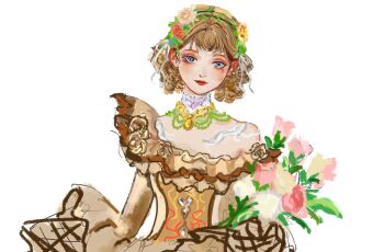 absurdres blue_eyes bouquet brown_dress brown_hair brown_headscarf chinese_commentary closed_mouth collar commentary_request detached_collar dress drill_hair eyelashes eyeshadow flower gem gown hai_jiao_xingxing hair_flower hair_ornament hair_ribbon headscarf high_collar highres holding holding_bouquet infinity_nikki lace_collar leaf light_smile lipstick long_sleeves makeup nikki_(series) off-shoulder_dress off_shoulder pink_flower pink_rose red_eyeshadow red_lips ribbon rose short_hair simple_background single_bare_shoulder single_off_shoulder sleeves_past_fingers sleeves_past_wrists stylist_(nikki) sunflower white_background white_collar white_flower white_ribbon white_rose wide_sleeves yellow_flower yellow_gem