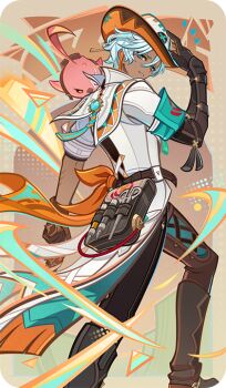 Rule 34 | 1boy, aqua armband, aqua eyes, armband, bad source, belt, belt pouch, bird, blue pants, boots, brown belt, brown boots, brown gloves, cacucu (genshin impact), chaps, coat, cowboy hat, dark-skinned male, dark skin, eyepatch, first aid kit, genius invokation tcg (style), genshin impact, gloves, gun, hair between eyes, hand on headwear, hand up, handgun, hat, holding, holding gun, holding weapon, ifa (genshin impact), lab coat, leg up, looking at viewer, looking back, male focus, medical eyepatch, official art, orange ribbon, pants, parted lips, pouch, ribbon, scar, scar across eye, scar on arm, scar on face, scissors, short hair, short sleeves, smile, solo, standing, tassel, vision (genshin impact), weapon, white coat, white hair, white hat