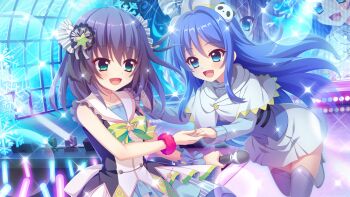 2girls ahoge aqua_eyes blue_capelet blue_dress blue_hair blue_hat blue_wrist_cuffs boots bow breasts brooch capelet coco_panna collarbone concert dot_nose dress dual_persona dutch_angle film_grain game_cg glowstick green_bow hair_ornament hat holding holding_hands holding_microphone honjou_kasumi indoors izumi_tsubasu jewelry leaning_forward lens_flare long_hair long_sleeves medium_hair microphone multiple_girls non-web_source official_art open_mouth panda_hair_ornament pink_scrunchie purple_footwear re:stage! screen scrunchie sidelocks single_wrist_cuff sleeveless sleeveless_dress small_breasts smile snowflake_ornament sparkle stage stage_lights standing standing_on_one_leg star_(symbol) star_brooch thigh_boots thighhighs wrist_cuffs wrist_scrunchie zettai_ryouiki