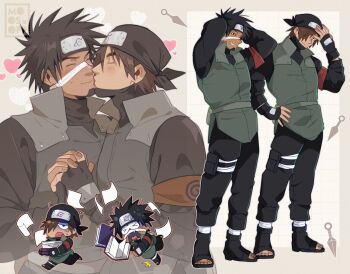 Rule 34 | 2boys, armband, arms behind head, artist name, black hair, black pants, blush, book, brown hair, chibi, chibi inset, closed eyes, closed mouth, commentary, couple, english commentary, falling paper, flak jacket, full body, hagane kotetsu, hair over one eye, heart, holding, holding book, holding hands, interlocked fingers, jacket, kamizuki izumo, kiss, konohagakure shinobi uniform, konohagakure symbol, kunai, male focus, mask, mask pull, moosopp, mouth mask, multiple boys, multiple views, naruto (series), ninja mask, pants, running, short hair, spiked hair, standing, teeth, weapon, yaoi