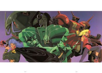 1980s_fashion 1990s_(style) 1boy 1girl absurdres beam_cannon cable cape chara_soon epaulettes galluss-j gradient_hair gundam gundam_zz hamma_hamma highres kitazume_hiroyuki long_hair magazine_scan mashymre_cello mecha military_rank_insignia military_uniform mobile_suit multicolored_hair neo_zeon official_art one-eyed purple_background purple_hair r-jarja radio_antenna retro_artstyle robot scan science_fiction shoulder_spikes spikes traditional_media