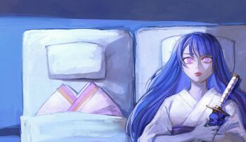 Rule 34 | 1girl, alternate costume, armor, bucumberr, closed mouth, commentary, death, english commentary, from above, genshin impact, hair down, highres, holding, holding sword, holding weapon, indoors, japanese armor, japanese clothes, katana, kimono, long sleeves, looking up, lying, makoto (genshin impact), mole, mole under eye, on back, on floor, pillow, purple eyes, purple hair, purple kimono, purple sash, raiden shogun, red lips, sad, sash, shade, solo, spoilers, sword, upper body, weapon, wide-eyed, wide sleeves, wooden floor