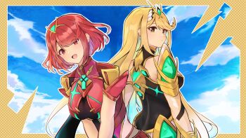 2girls arm_guards armor backless_outfit bare_shoulders blonde_hair bob_cut breasts chest_jewel dress earrings elbow_gloves floating_earrings gloves highres impossible_clothes jewelry large_breasts long_hair microdress multiple_girls mythra_(massive_melee)_(xenoblade) mythra_(xenoblade) neon_trim nintendo open_mouth pantyhose pantyhose_under_shorts pyra_(xenoblade) red_eyes red_hair red_shorts short_hair short_sleeves shorts shoulder_armor sleeveless sleeveless_dress smile super_smash_bros. swept_bangs thighhighs tiara upper_body very_long_hair white_dress white_gloves xenoblade_chronicles_(series) xenoblade_chronicles_2 yellow_eyes yrouumkinnoaw
