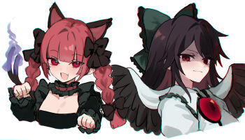 2girls :d animal_ears black_bow black_dress black_hair black_wings blunt_bangs bow braid cat_ears cat_girl cat_tail closed_mouth collared_shirt commentary_request dress extra_ears fang feathered_wings fire flame-tipped_tail frilled_dress frills green_bow hair_bow highres kaenbyou_rin kani_nyan long_hair looking_at_viewer multiple_girls multiple_tails open_mouth paw_pose pointy_ears red_eyes red_hair reiuji_utsuho shirt simple_background skin_fang smile tail third_eye touhou twin_braids two_tails upper_body white_background white_shirt wings
