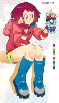 1girl blue_boots boots character_doll closed_mouth commentary doll english_commentary fingerless_gloves geo_stelar_(mega_man) gloves green_eyes green_shorts highres holding holding_doll hood hood_down hoodie mega_man_(series) mega_man_star_force_(series) pink_hair pink_hoodie shorts sitting smile solo sonia_strumm_(mega_man) star_force_mega_man twitter_username weezcore