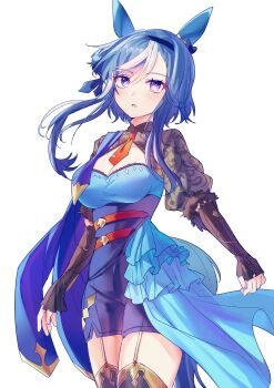 Rule 34 | 1girl, absurdres, admire groove (umamusume), animal ears, blue hair, breasts, camellia (camel mal), cleavage, commentary request, cowboy shot, ear covers, highres, horse ears, horse girl, horse tail, large breasts, looking at viewer, mole, mole under mouth, multicolored hair, necktie, open mouth, orange necktie, purple eyes, short hair, short hair with long locks, sidelocks, simple background, skindentation, solo, streaked hair, tail, thighs, umamusume, white background, white streaks