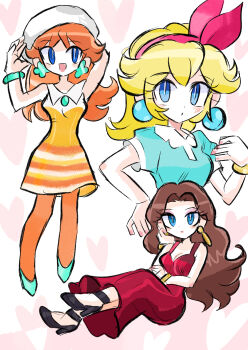 3girls absurdres black_shoes blonde_hair blue_eyes blue_shirt brown_hair dress earrings hair_ribbon hat heart heart_background highres jewelry mario_(series) mario_kart mario_kart_world multiple_girls nintendo orange_dress pauline_(mario) pink_ribbon princess_daisy princess_daisy_(vacation) princess_peach princess_peach_(sightseeing) rakugaki_shitagari-ya red_dress ribbon shirt shoes white_hat