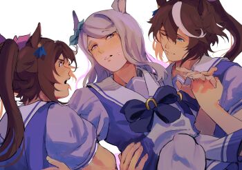 3girls absurdres animal_ears blue_eyes blush bow bowtie brown_hair clone commentary ear_bow ear_ornament english_commentary green_bow hair_between_eyes hair_bow highres holding_hands horse_ears horse_girl interlocked_fingers long_hair mejiro_mcqueen_(umamusume) multicolored_hair multiple_girls one_eye_closed open_mouth pink_bow ponytail puffy_short_sleeves puffy_sleeves purple_bow purple_bowtie purple_eyes purple_hair purple_skirt sailor_collar school_uniform short_sleeves simple_background skirt streaked_hair summer_uniform tapeanna tokai_teio_(umamusume) tracen_school_uniform umamusume white_background white_hair white_sailor_collar yuri