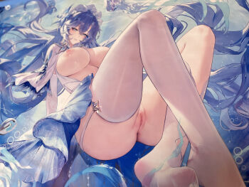 1girl absurdres asymmetrical_legwear blue_eyes blue_flower blue_hair blush breasts cantarella_(wuthering_waves) censored chinese_commentary commentary_request dress earrings facial_mark feet fish floating_hair flower full_body garter_straps hair_between_eyes hair_flower hair_ornament hair_spread_out headdress highres huge_breasts jellyfish jewelry kneehighs legwear_cutout long_hair looking_at_viewer mark_under_eye mature_female meisansan mosaic_censoring nail_polish nipples no_shoes paid_reward_available panties parted_lips purple_hair purple_nails pussy shrug_(clothing) single_kneehigh single_sock single_thighhigh skindentation smile socks soles solo submerged thighhighs thighs toes underwater underwear uneven_legwear very_long_hair water white_dress white_garter_straps white_panties white_shrug white_socks white_thighhighs wuthering_waves
