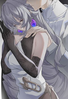 Rule 34 | 1boy, 1girl, absurdres, bare shoulders, black gloves, breasts, bronya rand, closed eyes, commentary request, crying, dress, drill hair, elbow gloves, evzeva, gloves, grey hair, hand on another's shoulder, highres, honkai: star rail, honkai (series), large breasts, long hair, out of frame, sleeveless, sleeveless dress, white dress