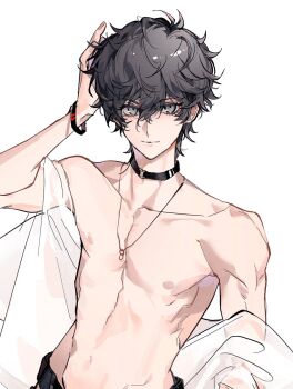 Rule 34 | 1boy, amamiya ren, black hair, bracelet, closed mouth, collar, hand on own head, jewelry, looking at viewer, male focus, metoerwarrior, necklace, nipples, persona, persona 5, short hair, solo, toned, toned male, topless male, upper body, white background