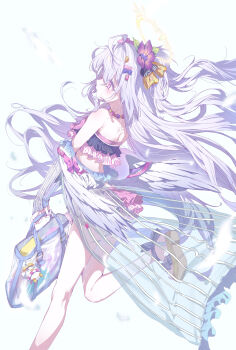 Rule 34 | 1girl, absurdres, azusa (blue archive), azusa (swimsuit) (blue archive), bag, bare shoulders, bead necklace, beads, bikini, blue archive, bow on wing, commentary, feathered wings, floating hair, flower, frilled bikini, frills, hair flower, hair ornament, halo, highres, holding, holding bag, jewelry, long hair, necklace, purple eyes, ribbon-trimmed swimsuit, ribbon trim, sandals, solo, standing, standing on one leg, strapless, strapless bikini, swimsuit, untranslatable commentary, white hair, white wings, wings, yellow halo, youguo naberu