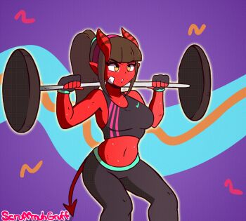 1girl animated animated_gif barbell barrel breasts colored_skin demon_girl demon_horns demon_tail exercising female_focus gloves horns medium_breasts meruccubus_(merunyaa) merunyaa orange_eyes original ponytail red_skin scruffmuhgruff solo sports_bra squatting tagme tail weightlifting