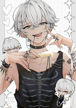 1boy absurdres arm_tattoo barcode barcode_tattoo black_choker black_shoes black_tank_top bone_hair_ornament chain chibi choker collarbone commentary demon_tail english_commentary finger_tattoo food grey_eyes grey_hair hair_between_eyes hair_ornament highres jewelry male_focus multiple_rings niwa281610 original popsicle ring shoes short_hair tail tan tank_top tattoo tongue watermark