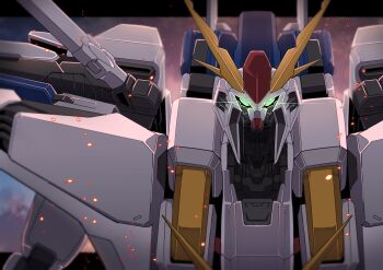 Rule 34 | absurdres, blurry, blurry background, commentary, embers, glowing, glowing eyes, green eyes, gundam, gundam hathaway's flash, highres, letterboxed, looking at viewer, mecha, mecha focus, mobile suit, nkeo, no humans, outside border, portrait, robot, science fiction, solo, v-fin, xi gundam