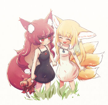&gt;:( 2girls :d ^_^ animal_ear_fluff animal_ears arknights bare_arms bare_shoulders black_dress blonde_hair blush closed_eyes closed_mouth commentary_request dress fox_ears fox_girl fox_tail holding holding_hands holding_stuffed_toy kitsune long_hair multiple_girls open_mouth red_eyes red_hair see-through_silhouette shamare_(arknights) simple_background sleeveless sleeveless_dress smile standing stuffed_animal stuffed_dog stuffed_toy suzuran_(arknights) tail v-shaped_eyebrows very_long_hair white_background white_dress yodo_rado