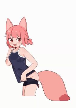 1girl :3 :d animal_ears animated bent_over blue_shirt blue_shorts blush breasts clothes_pull ear_wiggle fang fox_ears fox_girl fox_tail groin highres loli motion_lines naughty_face navel open_mouth original pink_eyes pink_hair see-through_clothes see-through_shirt shinev_tan shirt short_hair short_twintails shorts shorts_pull sleeveless sleeveless_shirt small_breasts smile solo standing stomach tagme tail tail_wagging twintails video white_background