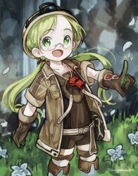 Rule 34 | 1girl, blonde hair, boots, bright pupils, brown gloves, brown helmet, brown jacket, commentary request, falling petals, feet out of frame, glasses, gloves, grass, green eyes, helmet, highres, index finger raised, jacket, kingjoshua, looking at viewer, low twintails, made in abyss, open clothes, open jacket, open mouth, petals, pith helmet, red whistle, riko (made in abyss), semi-rimless eyewear, short sleeves, smile, solo, standing, thigh strap, twintails, twitter username, under-rim eyewear, whistle, whistle around neck