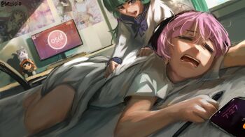 Rule 34 | 2girls, 727 (meme), barefoot, black bow, black bowtie, black hair, black sailor collar, bow, bowtie, closed eyes, colored bangs, commentary, contest winner, dutch angle, english commentary, full body, highres, holding, holding stylus, lying, meme, mocha (osu!), monitor, morning, multiple girls, on stomach, one room, open mouth, osu!, pink hair, pippi (osu!), poster (object), sailor collar, school uniform, second-party source, serafuku, sey10, shirt, short sleeves, stylus, teeth, waking another, white shirt