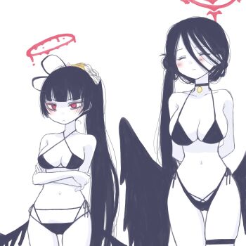 2girls antenna_hair arms_behind_back bare_shoulders bikini black_bikini black_choker black_hair black_wings blood blood_halo blue_archive blush breasts choker closed_eyes closed_mouth collarbone commentary_request crossed_arms feathered_wings flower hair_between_eyes hair_flower hair_ornament hair_over_one_eye halo hasumi_(blue_archive) hasumi_(swimsuit)_(blue_archive) height_difference highres large_breasts liquid_halo long_hair loosely_tucked_bangs medium_breasts melting_halo multiple_girls navel official_alternate_costume official_alternate_hairstyle oversized_wings pendant_choker ponytail red_eyes red_halo side-tie_bikini_bottom string_bikini swimsuit takahisayuki thigh_strap tsurugi_(blue_archive) tsurugi_(swimsuit)_(blue_archive) very_long_hair wings